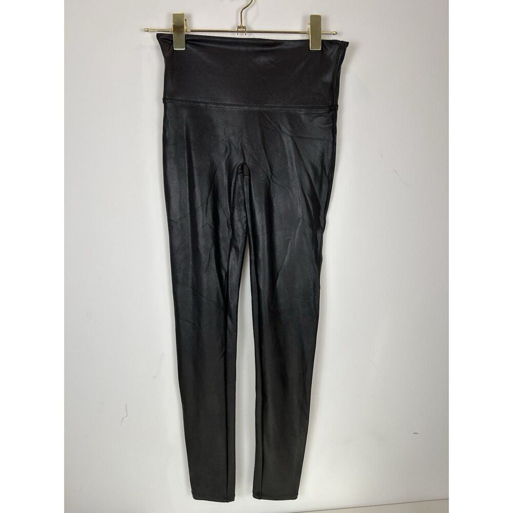 SPANX Women Black Faux Leather Leggings Size Medium Pull On Stretch